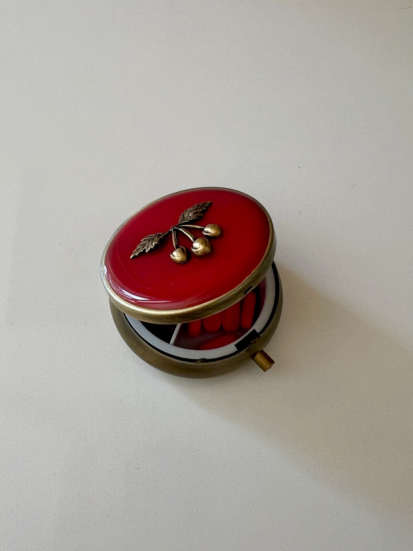 Pill box  with bunch of brass cherries set on glossy red resin, handcrafted gift for mom, girlfriend, teacher, get well, cherries, berries