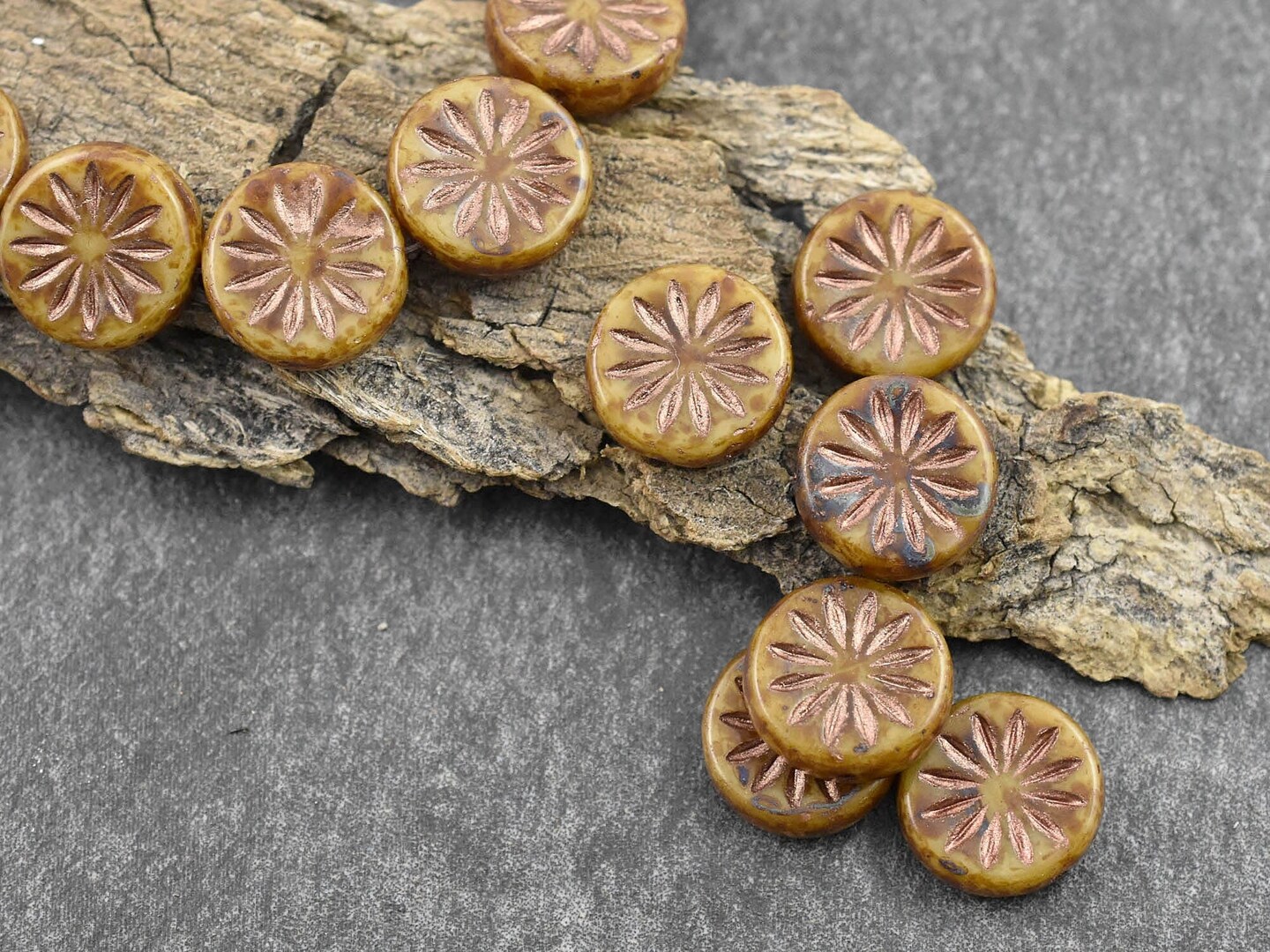 *15* 12mm Copper Washed Camel Brown Picasso  Aster Flower Coin Beads