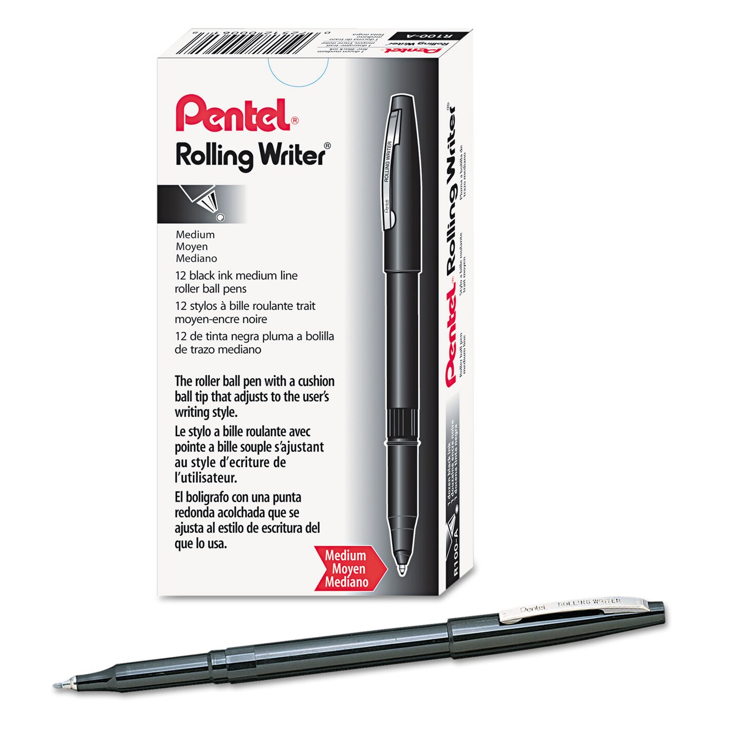 Pentel Rolling Writer Stick Roller Ball Pen, Medium 0.8mm, Black Ink/Barrel, Dozen