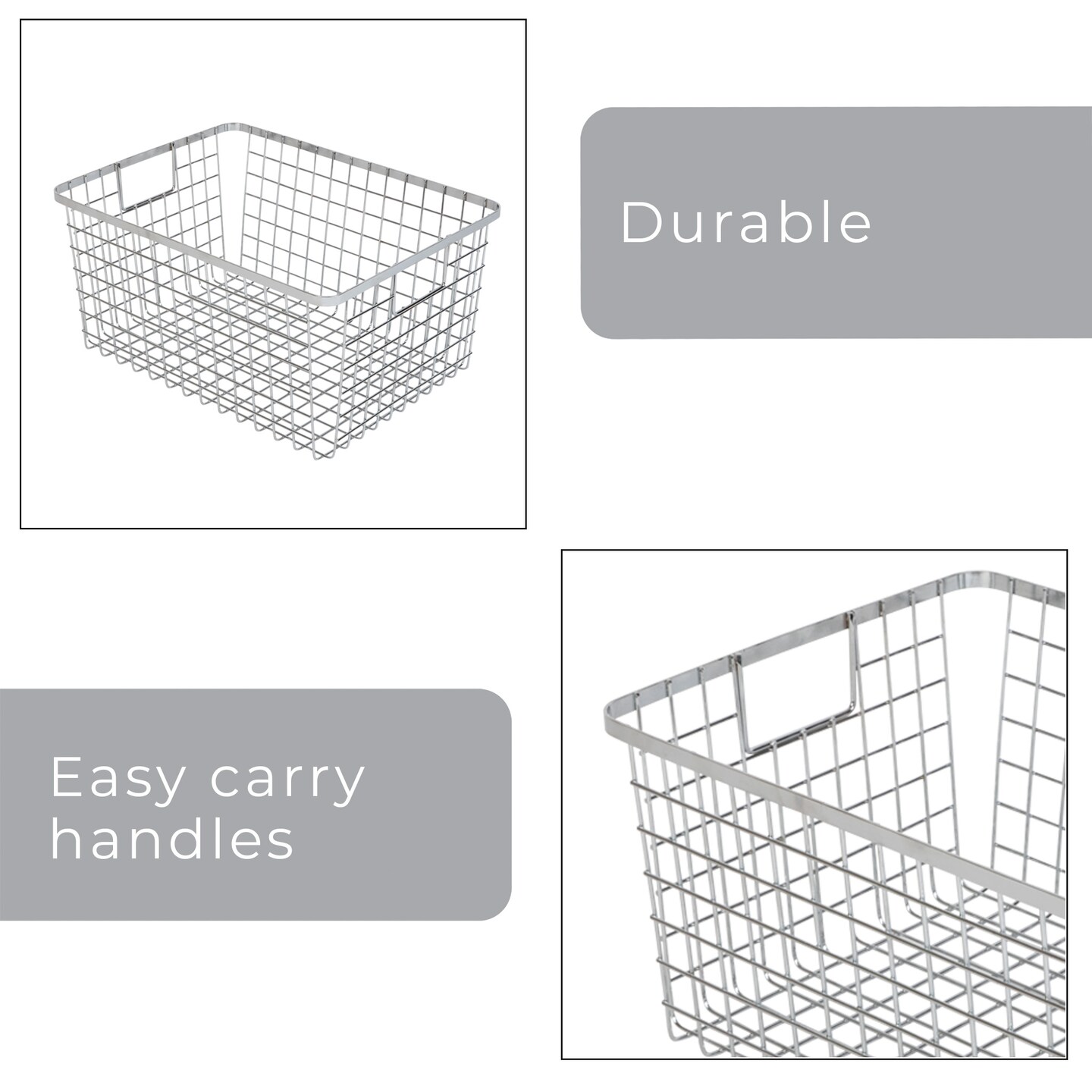Smart Design Nestable Basket Organizer with Handles - Steel - 9 x 12 x 6 - Chrome- Set of 4
