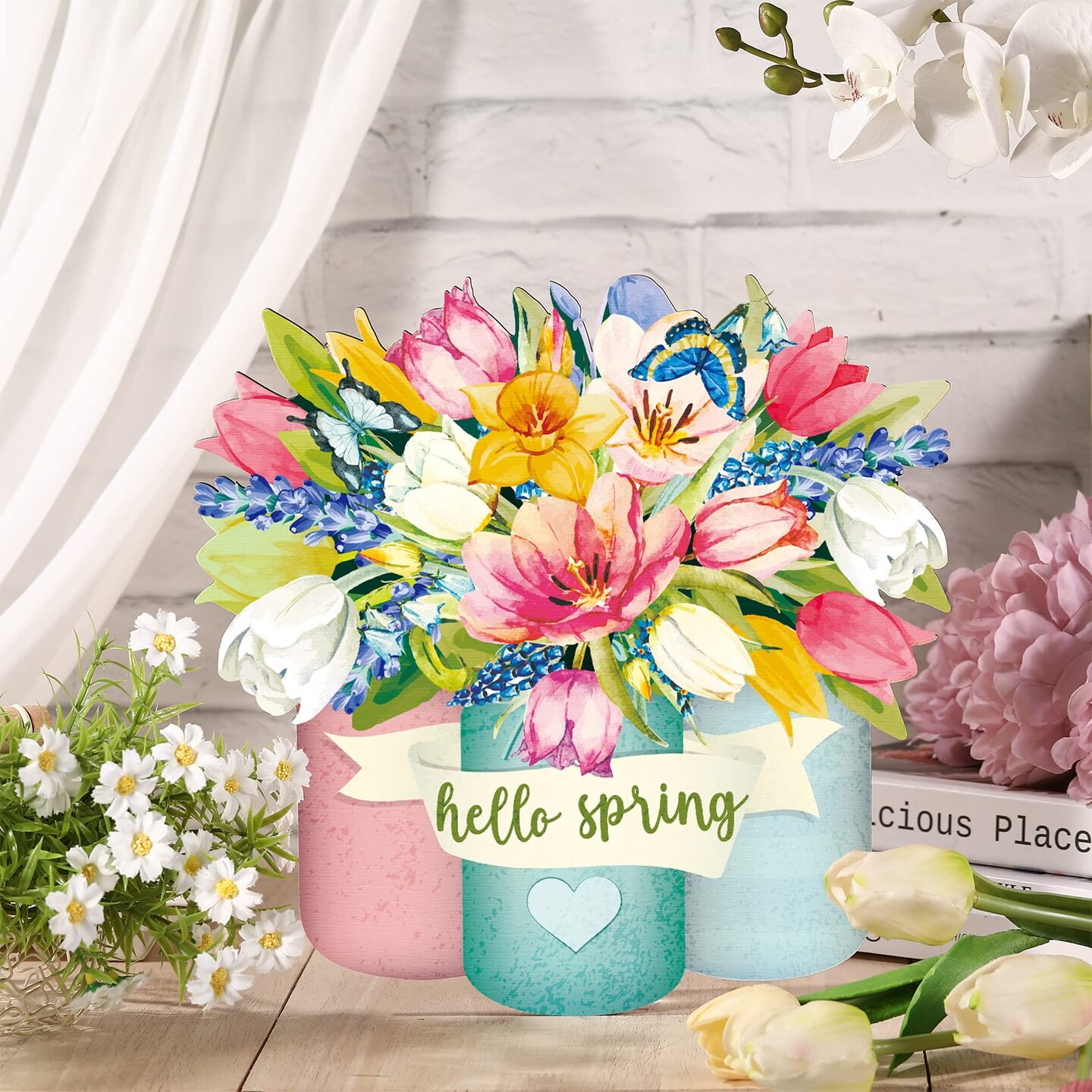 Spring Welcome Sign Wood Front Door Decor Hanging Outdoor Wooden Decorations for Farmhouse Porch Decoration (Flower Style)