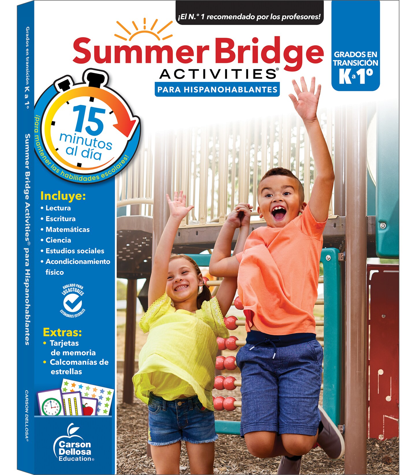 Summer Bridge Activities Spanish Kindergarten to 1st Grade Workbooks, K-1 Activity Book With Math, Reading Comprehension, Science, Fitness, Social Studies, Writing Practice, and Flash Cards