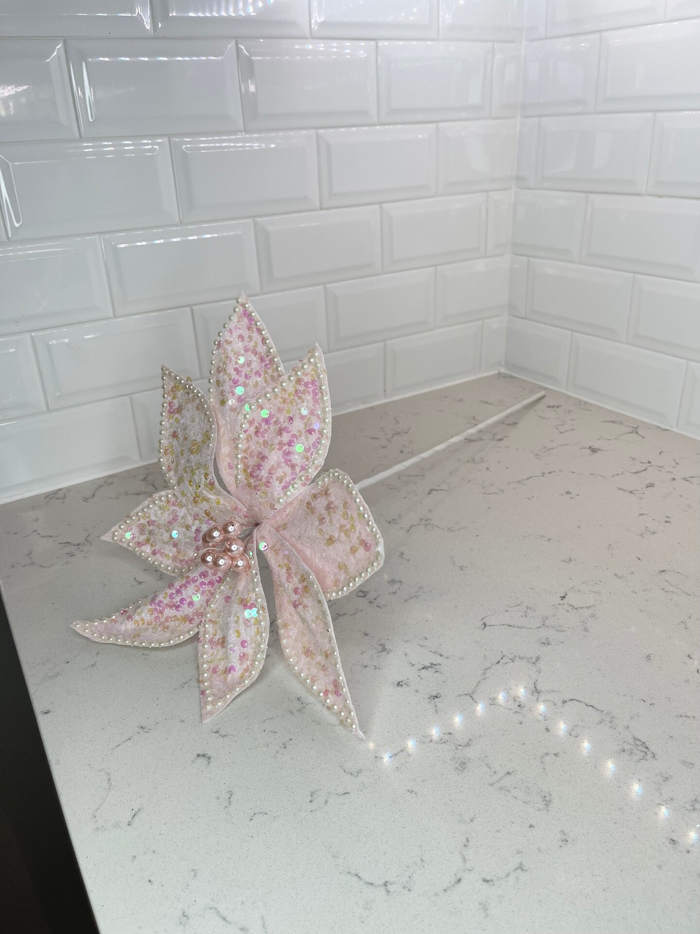 Baby Pink Multicolored Poinsettia Flower with Sequins and Pearls Set of 3 Christmas Flower