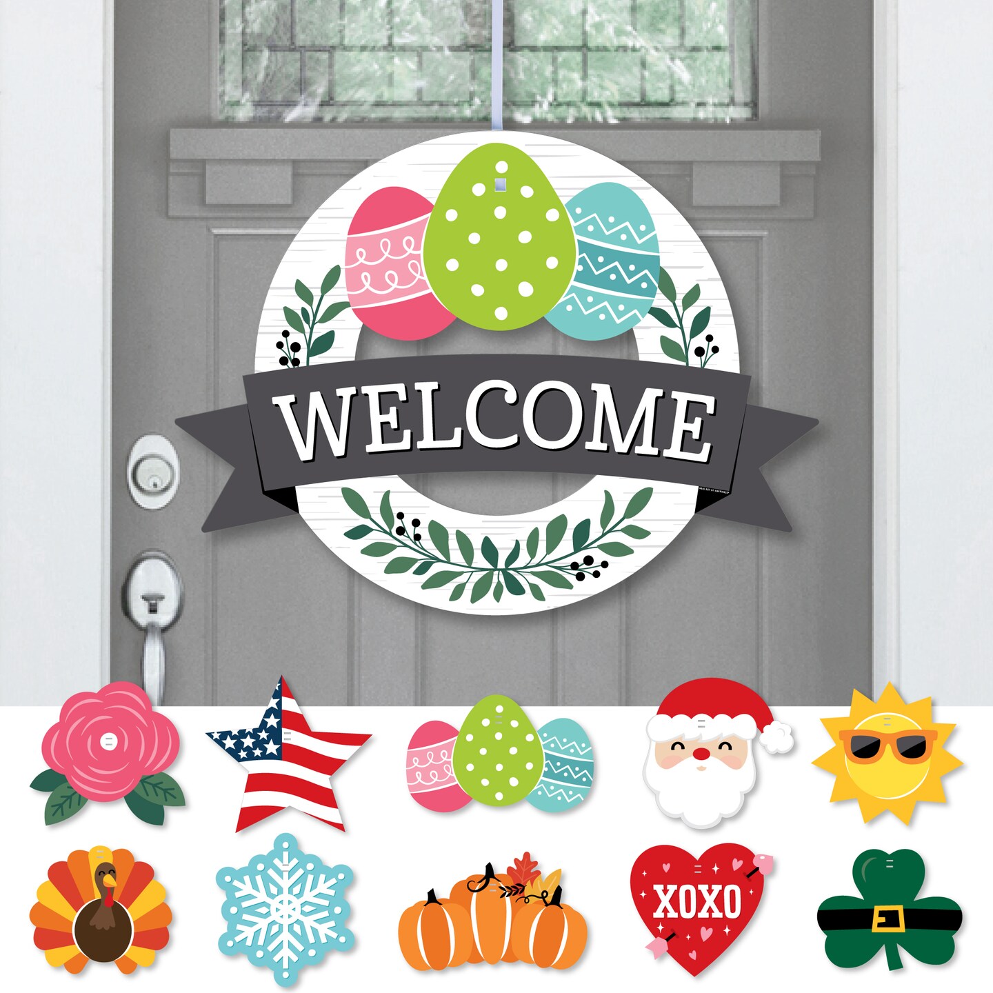 Big Dot of Happiness Holiday Welcome - Front Door Seasonal Decor - Interchangeable Wreath
