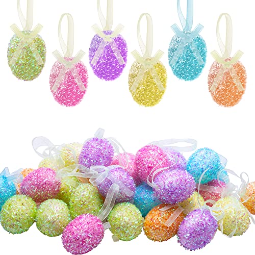 30PCS Easter Glitter Hanging Eggs - Colorful Tinsel Easter Egg Ornaments, Spring Foam Hanging Egg Ornament for Easter Tree Christmas Home Party DIY Craft Decoration (Size S)
