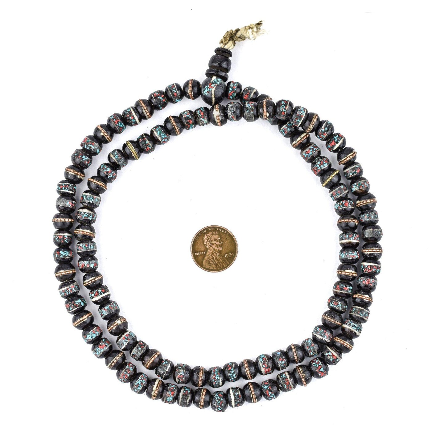 The Bead Chest Black Speckled Inlaid Bone Mala Beads 8mm Nepal Multicolor Round Large Hole 28 Inch Strand