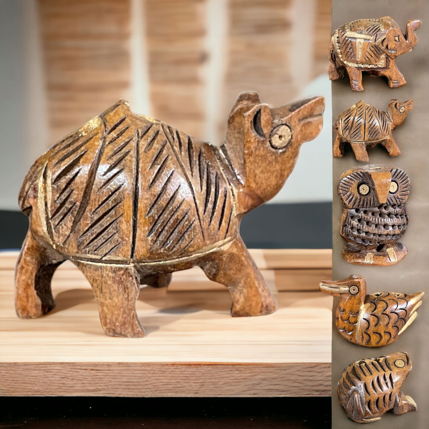 Set of 5 Wooden Animal Handmade Showpiece, Elephant, Duck, Owl, Frog &#x26; Camel