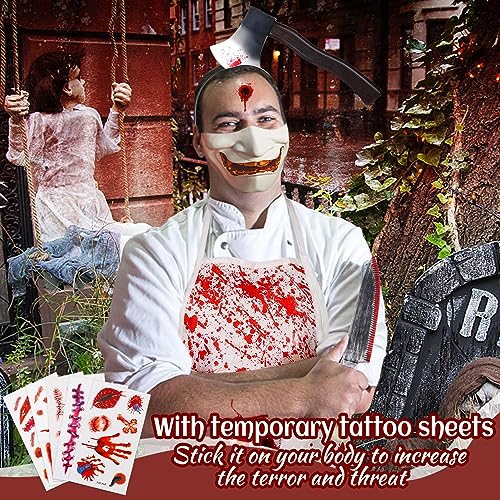 Halloween Bloody Butcher Costumes Set- Waterproof Bloody Apron with Axe Headband Butcher Knife Temporary Tattoos, Terrifying Role Play for Men Halloween Costume Party Carnival Prop Accessories