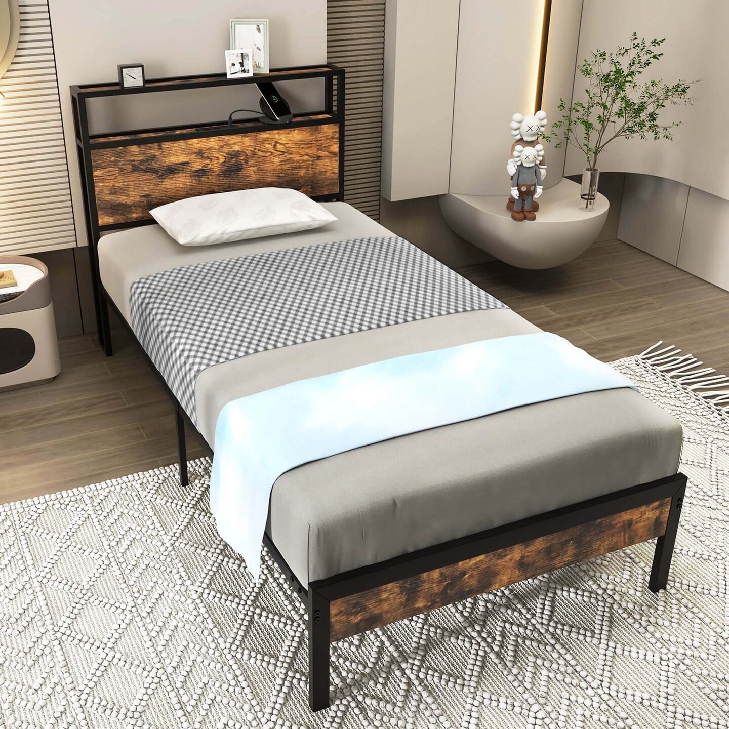 Costway Twin/Full/Queen Bed Frame with Storage Headboard Charging Station 18W USB C Port Rustic Brown