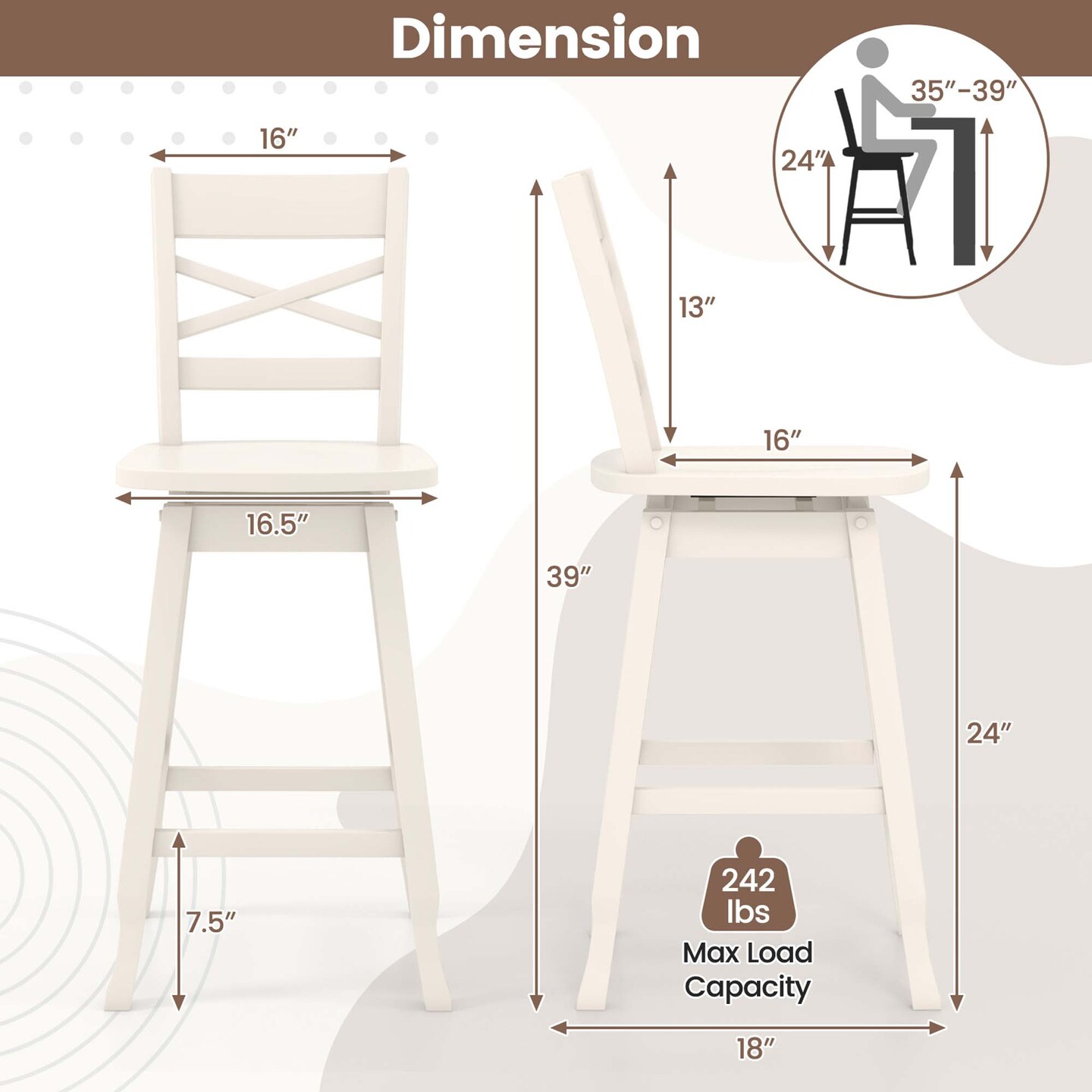 Costway 2 PCS 24"/30" Counter/Bar Height Stool Rubber Wood Swivel Bar Stool with Inclined Backrest Cream
