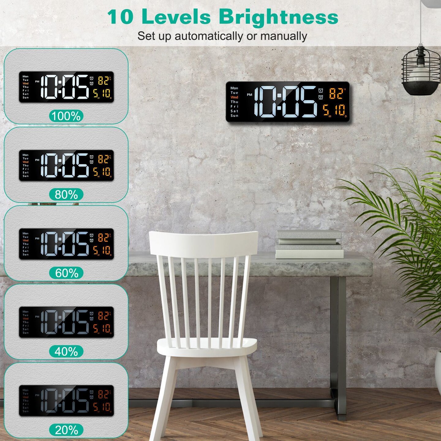LED Digital Wall Clock with Remote Control - 15.7", 10-Level Brightness, 3 Alarm Settings, 12/24-Hour Format, Countdown Timer, Calendar Display