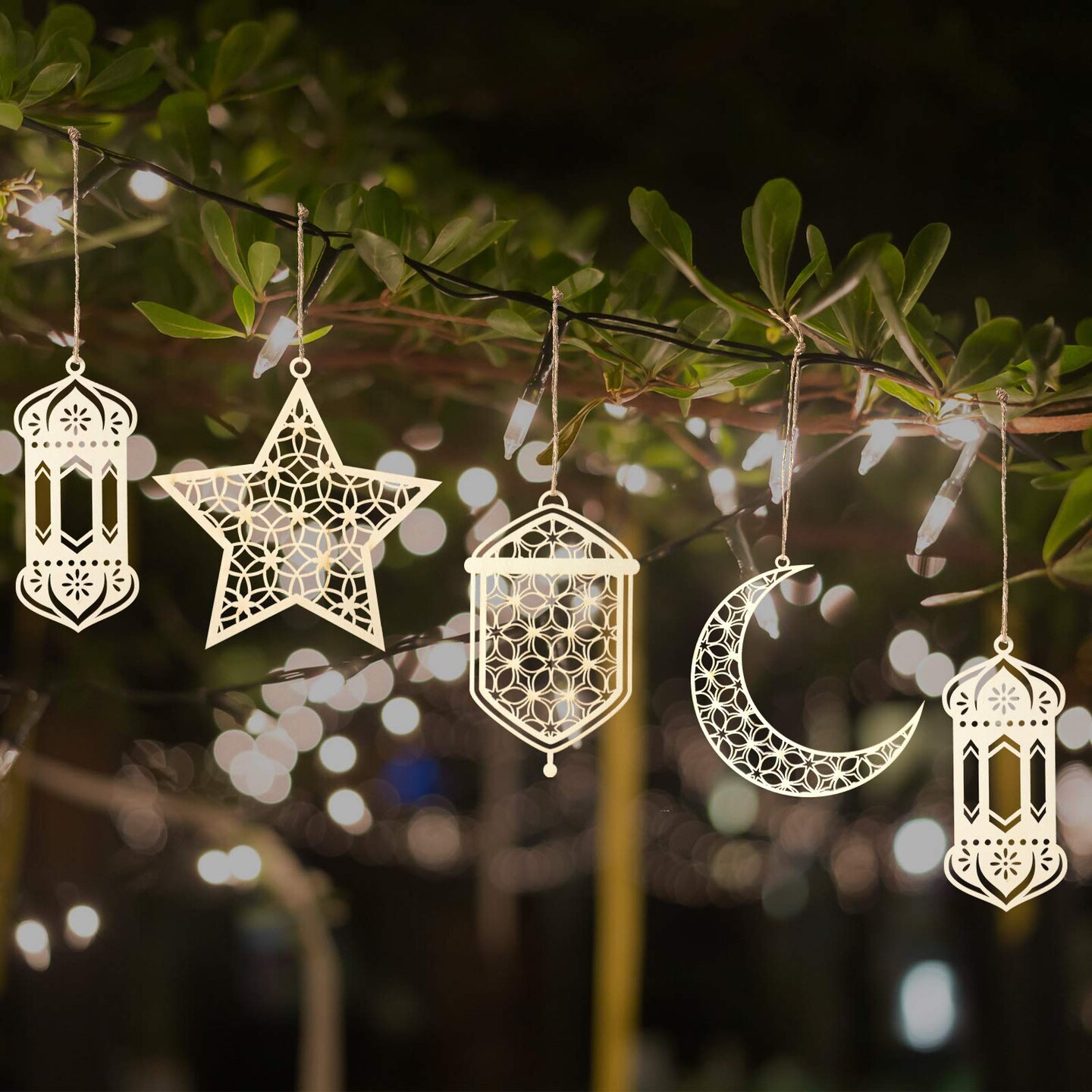 9 Pieces Wooden Pendant Ornament Ramadan Kareem Hollow Decoration Moon Star Wind Light Shape Pendant Ornament Happy Eid Hanging Sign for Ramadan Mubarak Eid Party Decorations