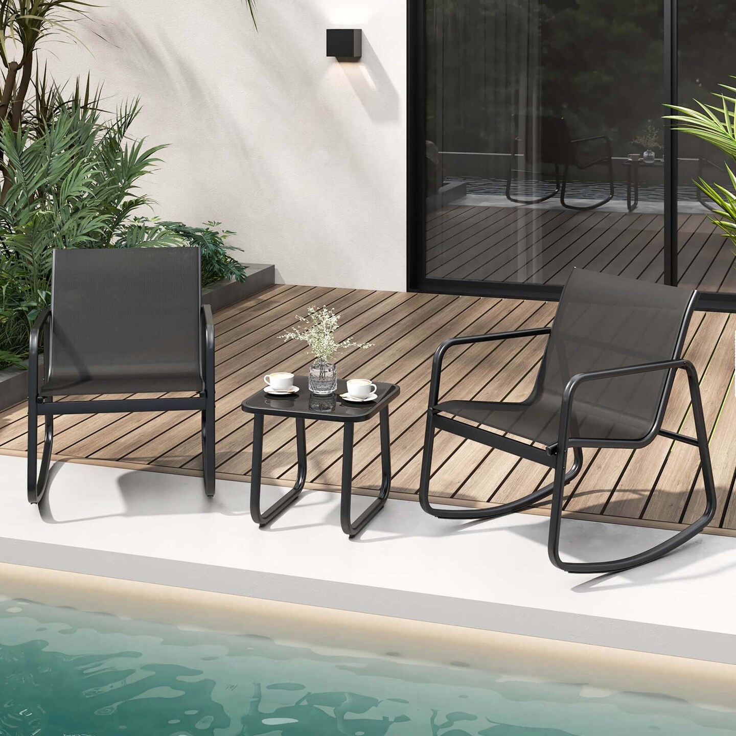 Costway 3 Piece Patio Rocking Set 2 Rocking Bistro Chairs &#x26; Glass-Top Table for Porch