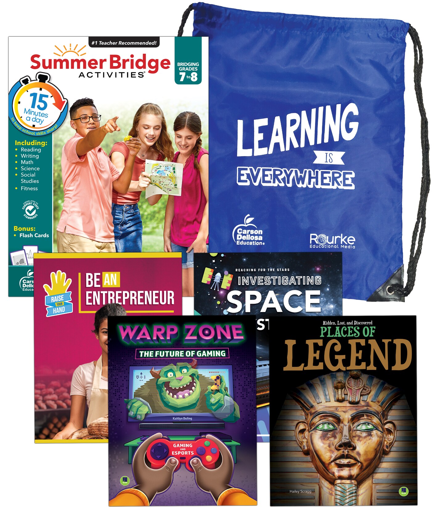 Summer Bridge Activities 7-8 Bundle, Ages 12-13, Math, Reading Comprehension, Writing, Science Summer Learning 8th Grade Workbooks All Subjects With Flash Cards, Children&#x27;s Books, Drawstring Bag