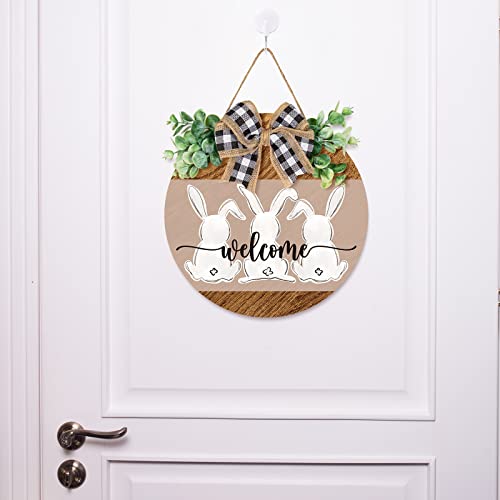 Whaline Easter Wooden Hanging Sign Bunny Rabbit Welcome Sign Door Decoration with Bow Rustic Easter Wood Wreath Sign for Easter Spring Holiday Home Coffee Shop Bakery Farmhouse Window