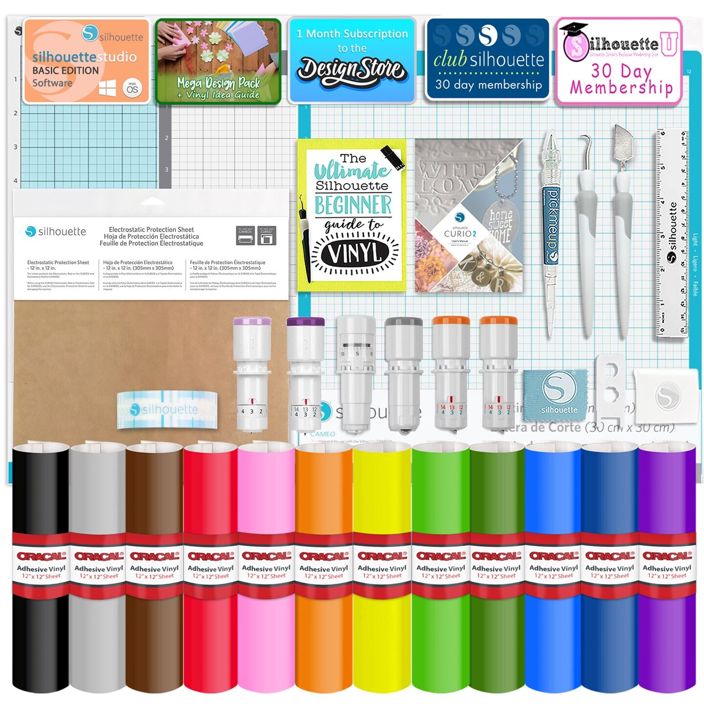 Silhouette Curio 2 w/ Deluxe Blade & Tool Pack, Mat Pack, Vinyl, Guides