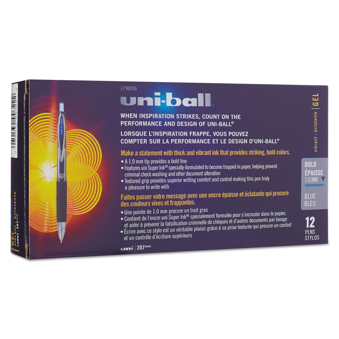Uni-Ball Signo 207 Retractable Gel Pen, Bold 1mm, Blue Ink, Black/Blue Barrel, Dozen