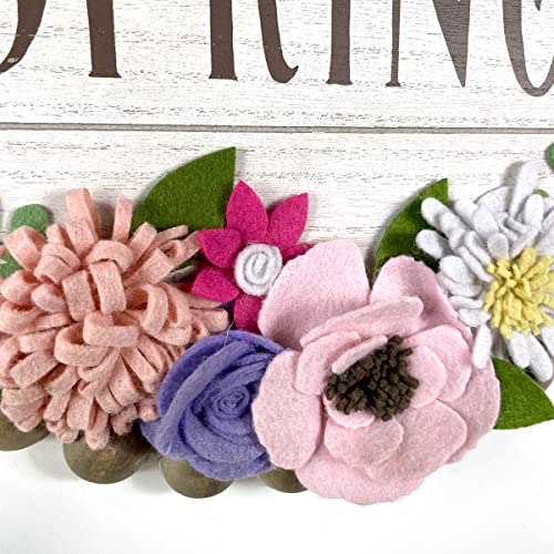 Spring Decorations Hello Spring Wall Sign 3D Fabric Flowers Wall Plaque Rustic Farmhouse Wooden Decoration Round Vintage Hanging Signs Gift for Kitchen Living Dinning Room Bedroom 12" x 12"