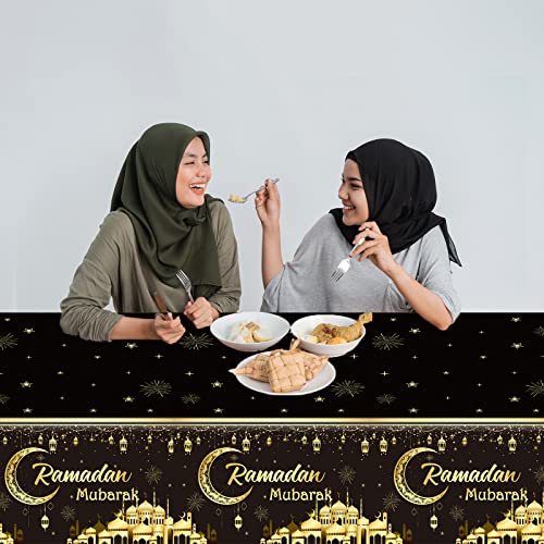 3 Pieces Ramadan Mubarak Tablecloths Eid Mubarak&#xA0;Party Table Decorations Ramadan Kareem Party Decorations Supplies Black and Golden&#xA0;Rectangle&#xA0;Table&#xA0;Cover&#xA0;for Eid Al-fitr Dinning Room Party Favors