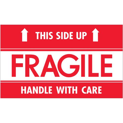 Tape Logic Labels, &#x22;Fragile - This Side Up - HWC&#x22;, 3&#x22; x 5&#x22;, Red/White, 500/Roll