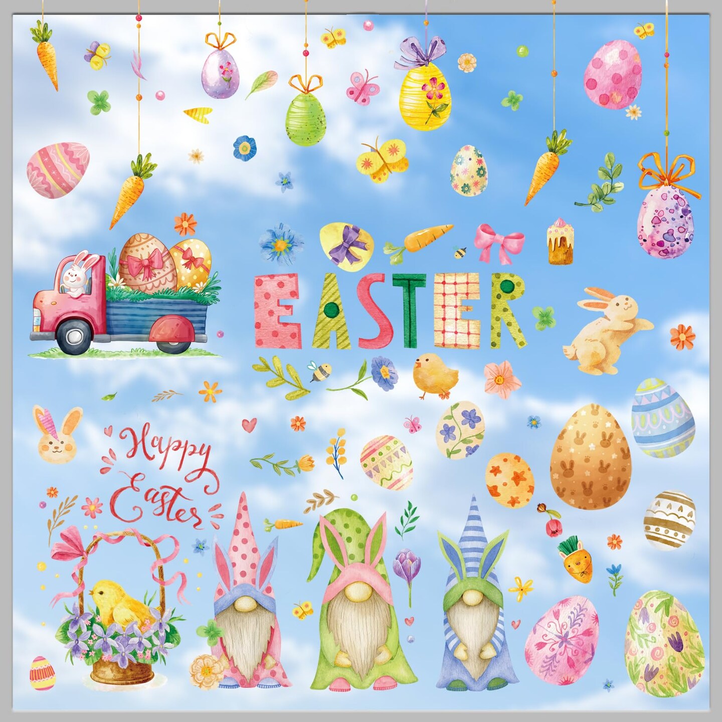 Easter Decorations Window Clings Decals Decor, 9 Sheets Large Easter Eggs Flowers Bunny Party Supplies Gifts, Double Sided Spring Window Clings Decorations for Kids School Home Office