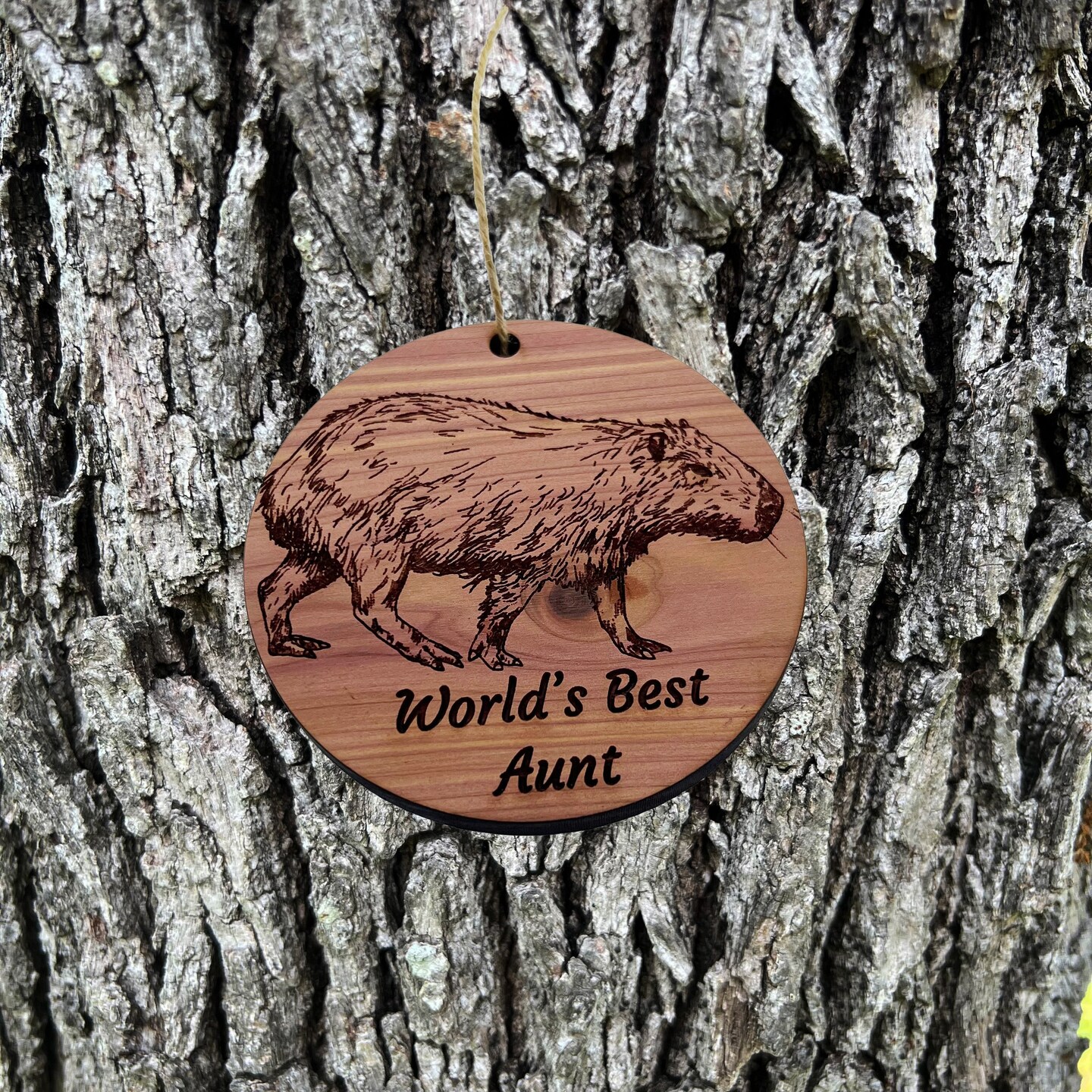 Worlds Best Aunt Capybara - Cedar Ornament Worlds Best Aunt Capybara - Cedar Ornament