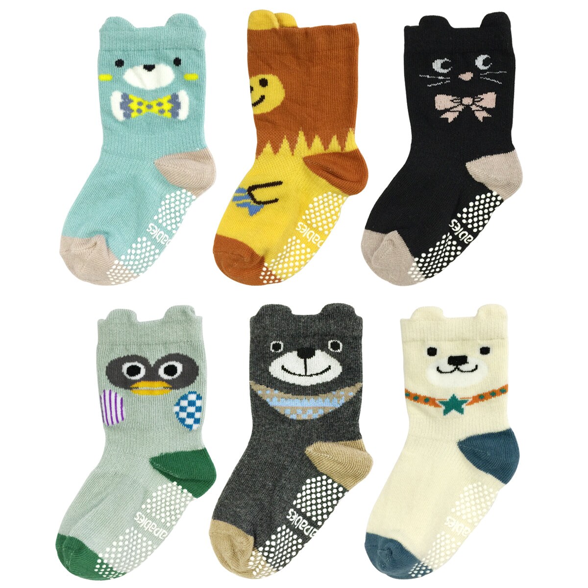 Wrapables Peek A Boo Animal Non-Skid Toddler Socks (Set of 6), Owl and Lion Large