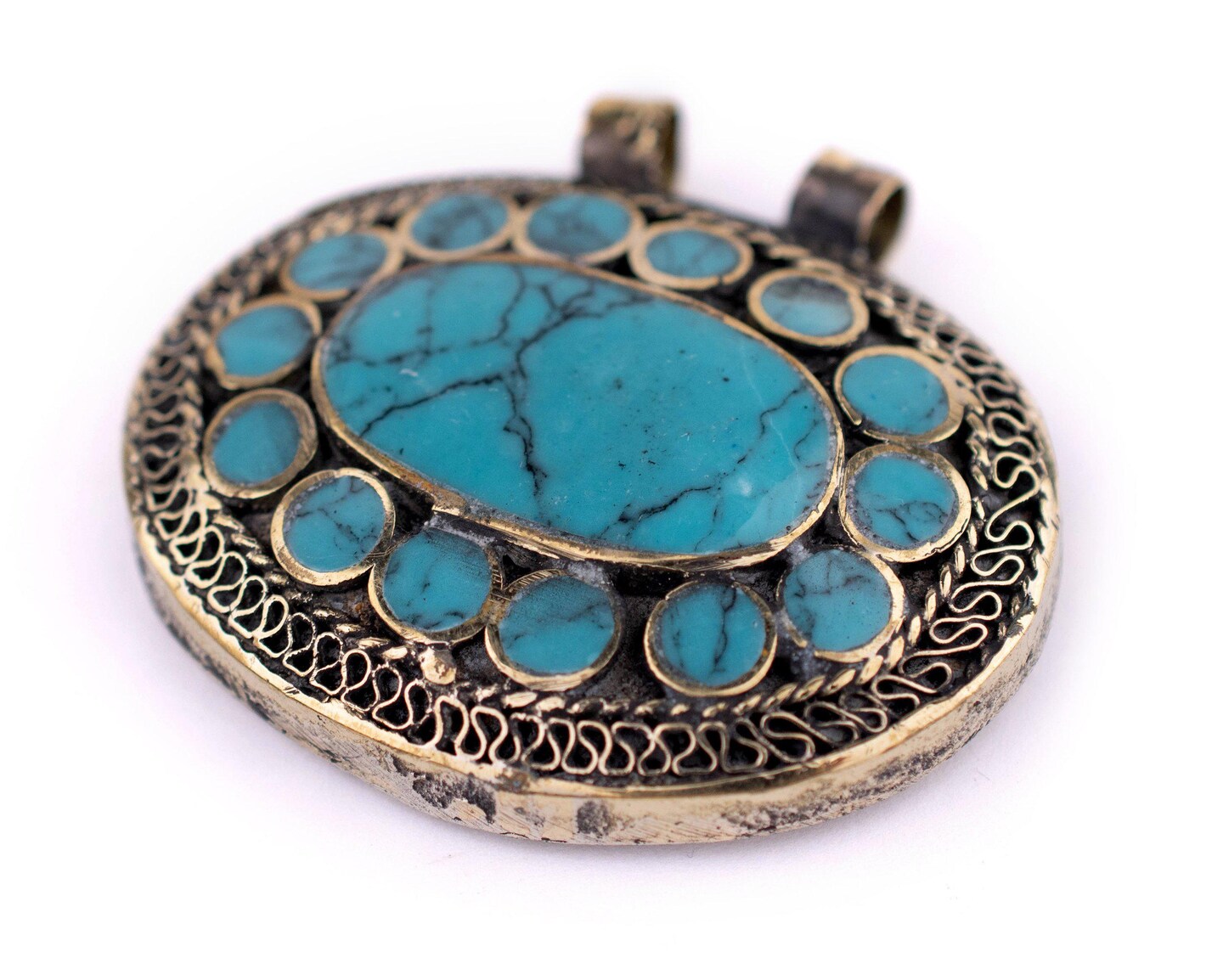 TheBeadChest Turquoise Blue Oval Inlaid Afghani Silver Pendant 50x48mm Afghanistan White Metal Large Hole