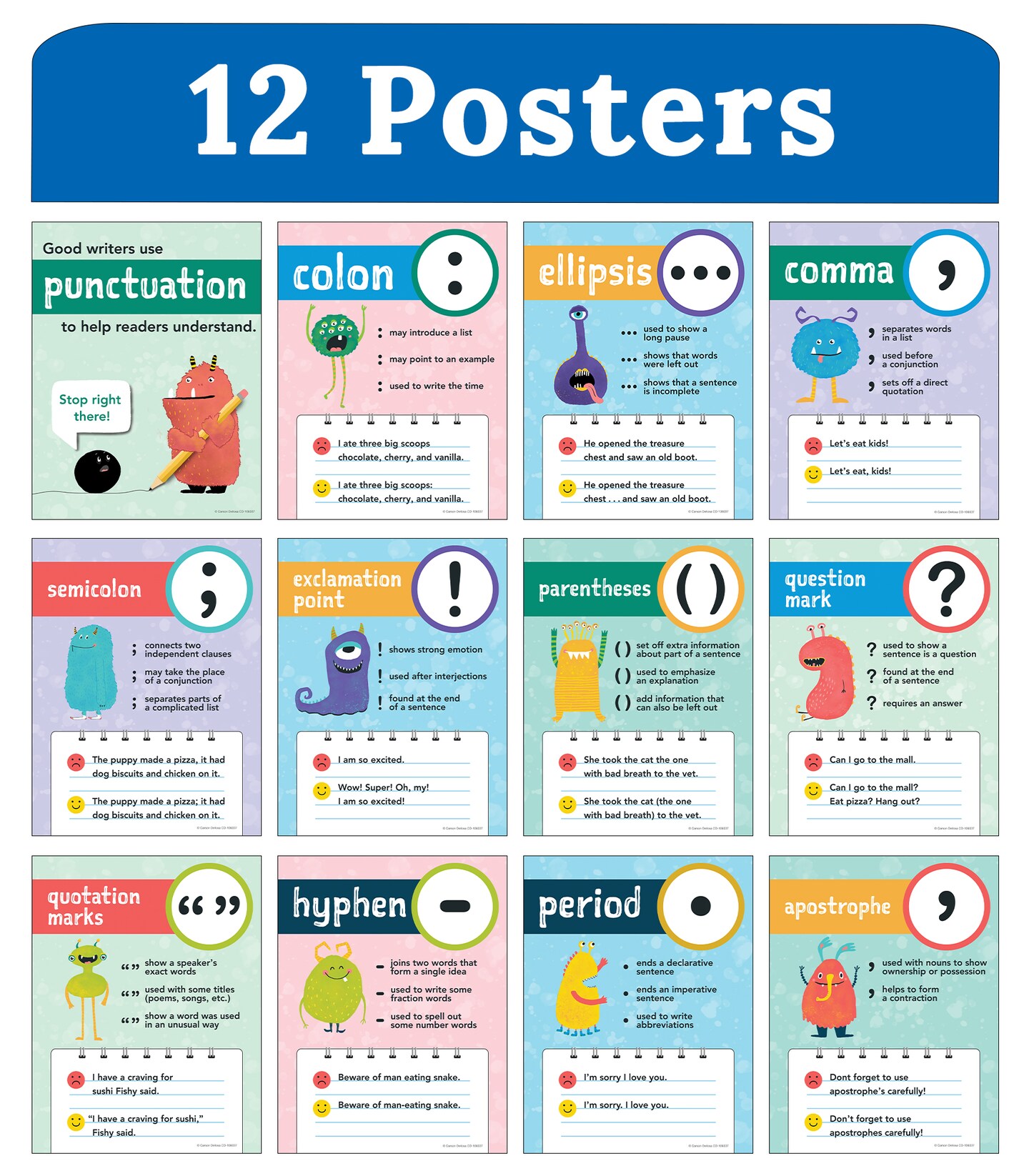 Carson Dellosa 12 Punctuation Posters for Classroom, 8.5&#x22; x 11&#x22; English Classroom Decor, Educational Punctuation Marks Poster for Teaching Punctuation Rules, Wall Decor for Classroom or Homeschool