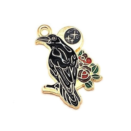 1, 4, 20 or 50 Pieces: Black Enamel Raven with Rose Charms