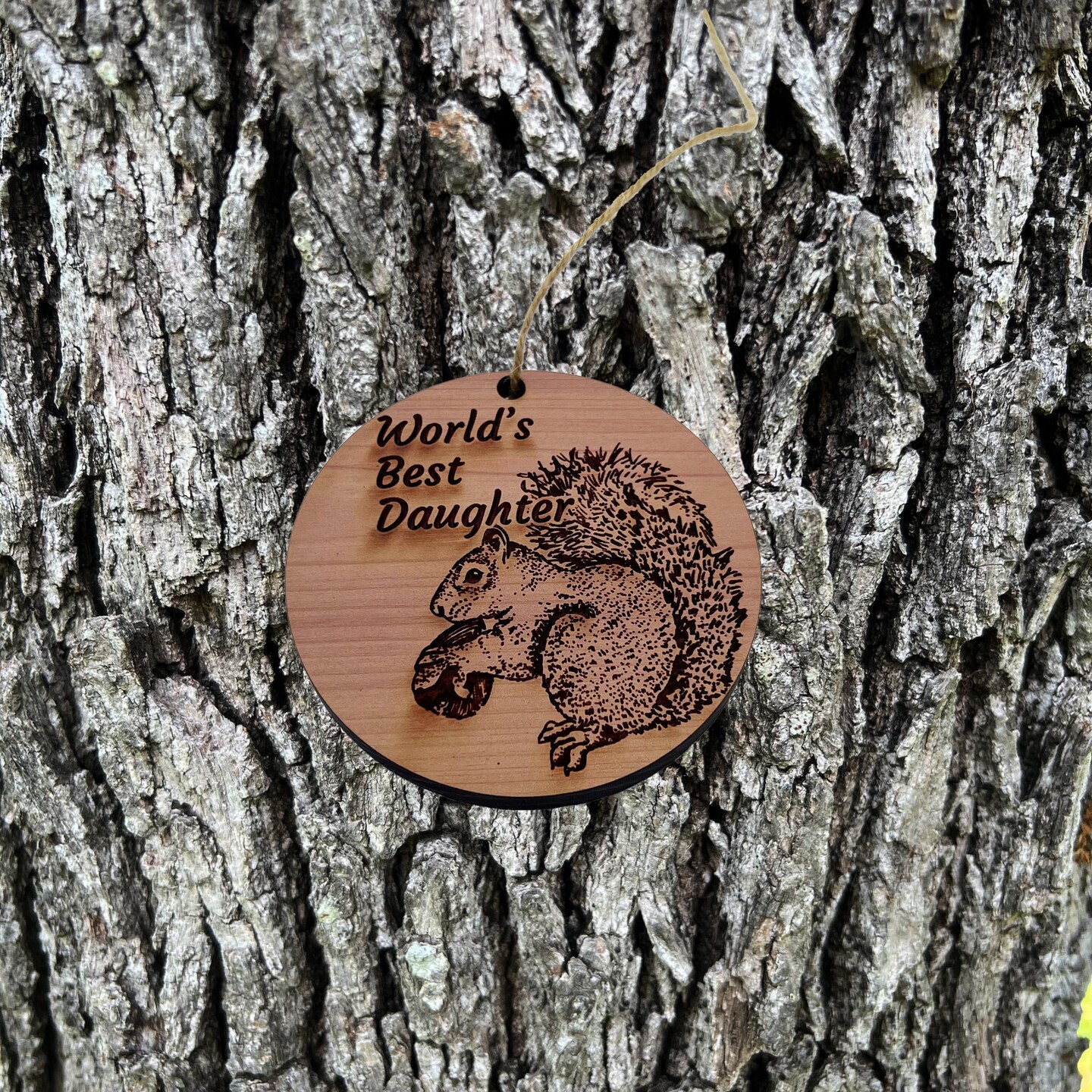 Worlds Best Daughter Squirrel and Nut - Cedar Ornament Worlds Best Daughter Squirrel and Nut - Cedar Ornament