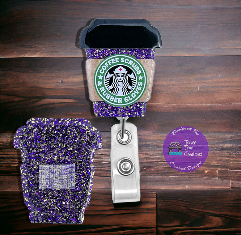 Coffee Scrubs and Rubber Gloves, Coffee Cup, Purple Glitter, Gold Glitter,  Interchangeable, Nurse ID, Name Badge, Coffee, Badge Reel