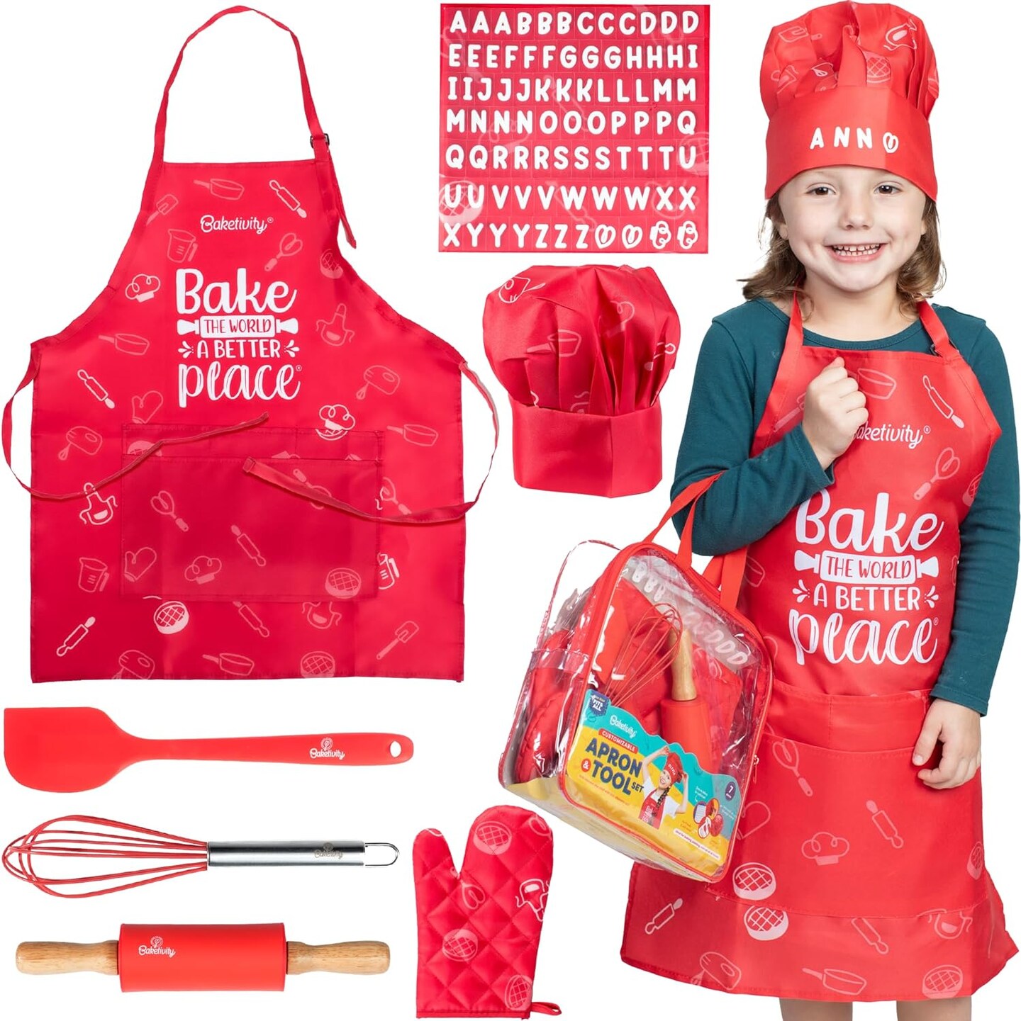 Baketivity Kids Chef Hat and Apron Set for Boys &#x26; Girls - One Size Fits All (Adjustable) - Premium, Washable Kids Apron and Chef Hat Set for Cooking - Young Chefs &#x26; Junior Bakers Chef Outfit for Kids