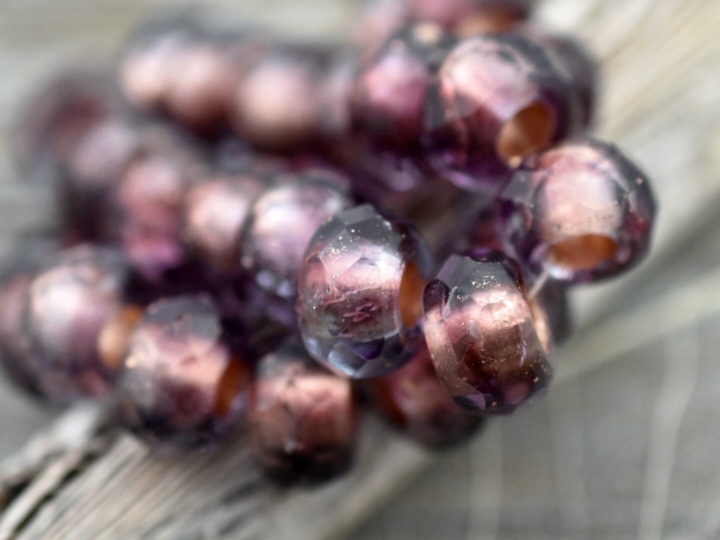*15* 7x12mm Copper Lined Amethyst Fire Polished Large Hole Rondelle Beads