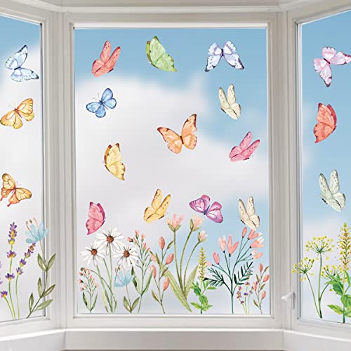 50 Pieces Spring Summer Window Cling Sticker, Watercolor Wild Flowers Butterfly Floral for Home Party Supplies Shop Window Glass Display Decoration