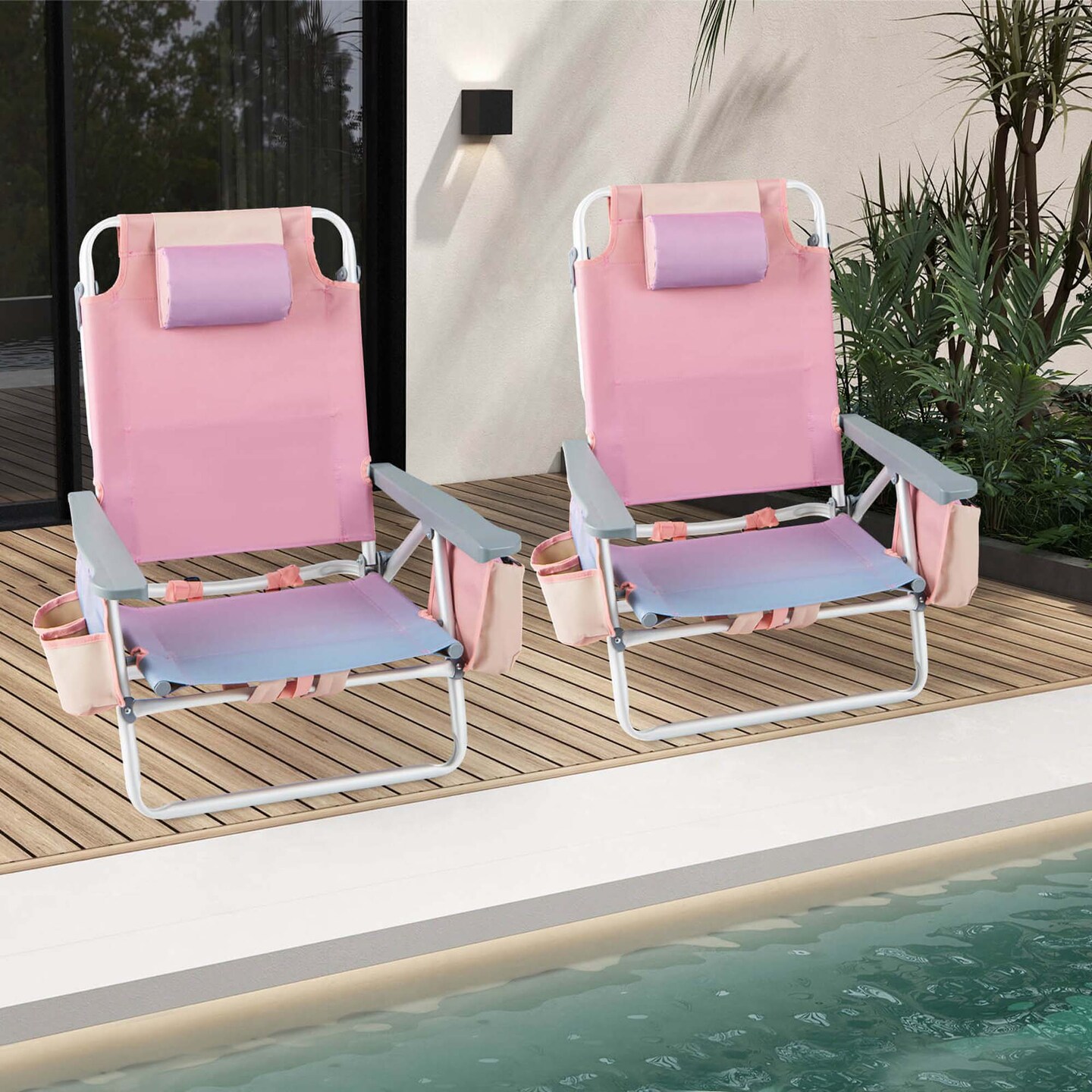2-Pack Folding Backpack Beach Chair 5-Position Outdoor Reclining Chairs with Pillow Blue/Pattern/Pink/Yellow/Dark Pink/Dark Green/Dark Blue