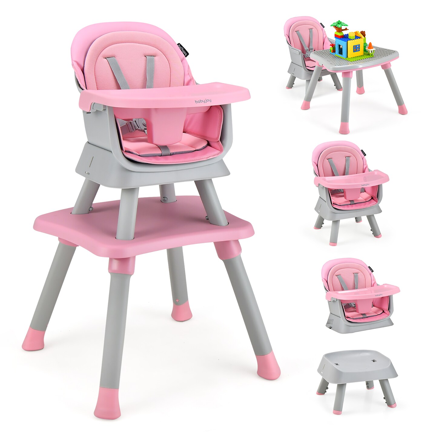 Babyjoy 8-in-1 Baby High Chair Convertible Dining Booster Seat with  Removable Tray Grey/Pink/Yellowith Strip/Black