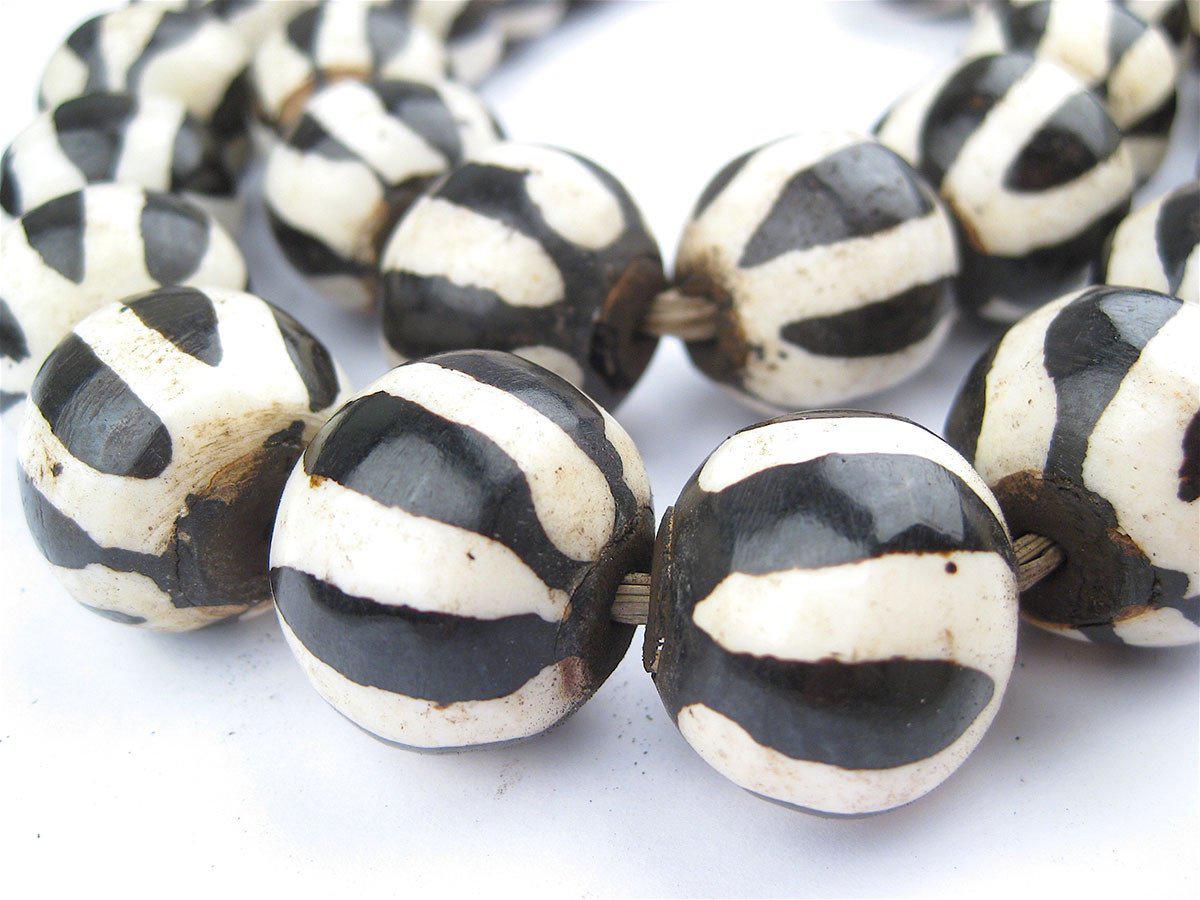 Batik Bone Beads - Full Strand of Fair Trade African Beads - The Bead Chest (Sphere, Zebra Design)