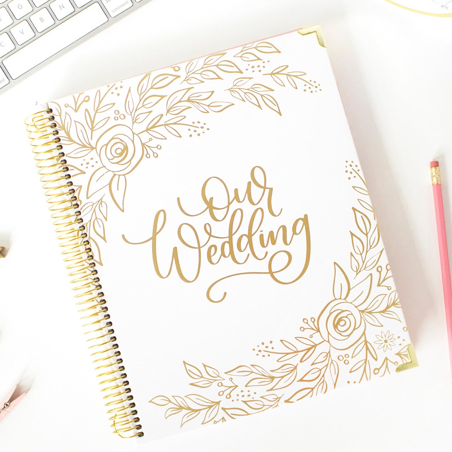 bloom daily planners Wedding Planner &#x26; Calendar, 9&#x22; x 11&#x22;, Gold Floral