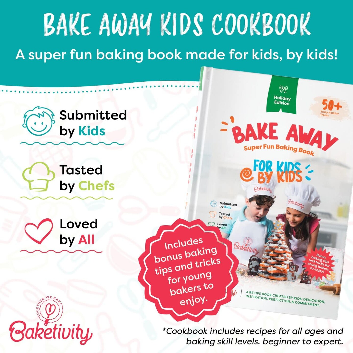 Baketivity 4 in 1 Kids Baking Set Mega Kit - Cake Pop Kit with Stand - Kids Apron and Chef Hat Set - Bake Away Kids Cookbook - Kids Cooking Sets Real Utensils - Kids Baking Kit Gifts for Girls &#x26; Boys