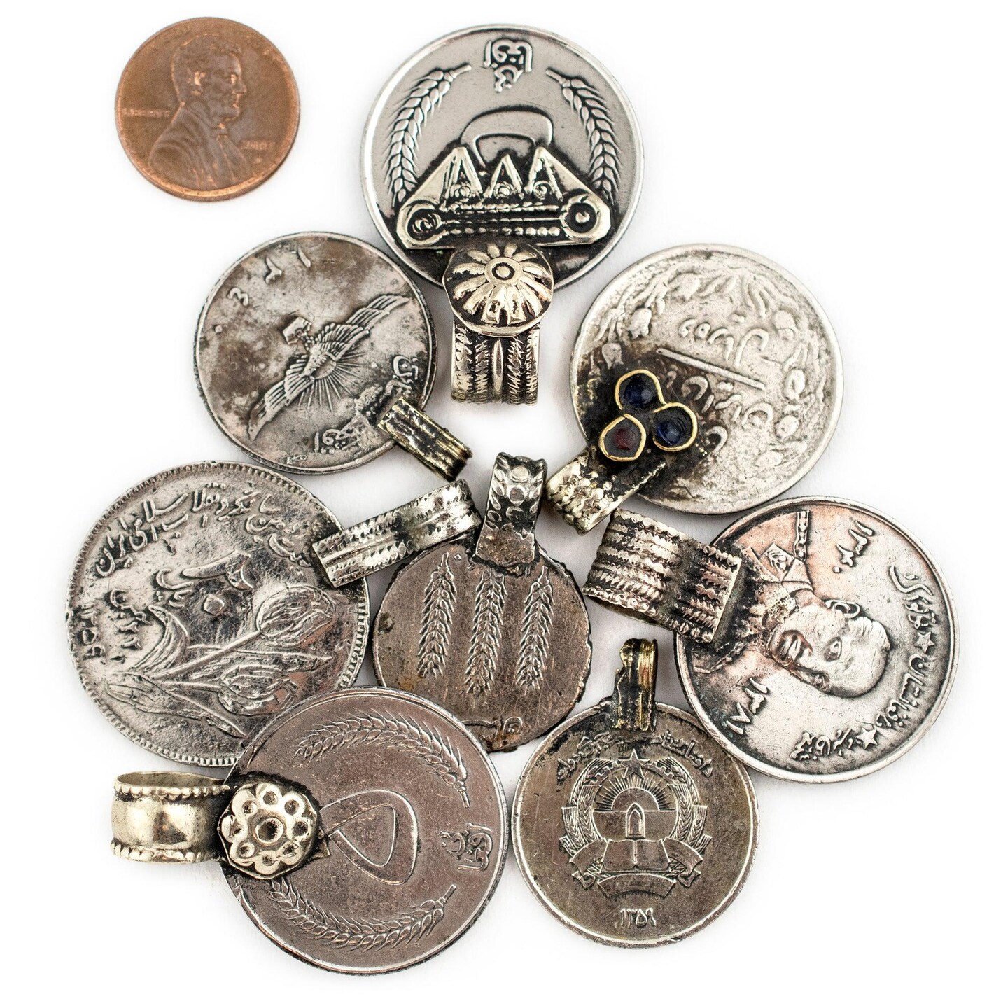 TheBeadChest Large Vintage Afghani Coin Pendants Set of 8 Afghanistan Silver White Metal Large Hole