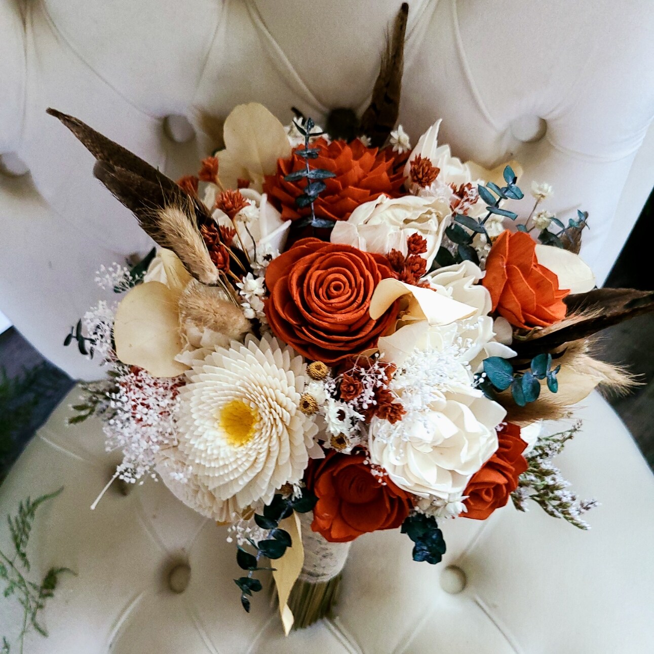 Boho Burnt Orange Fall Wedding Bouquet, Wooden Flower Bridal Bouquet