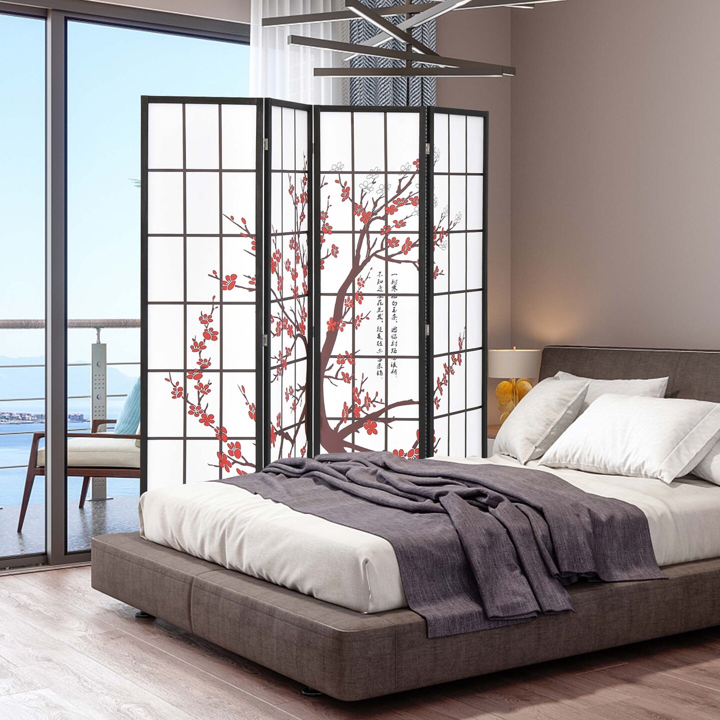 Costway 4-Panel Japanese Style Folding Room Divider with Elegant Plum Blossom Design Indoor