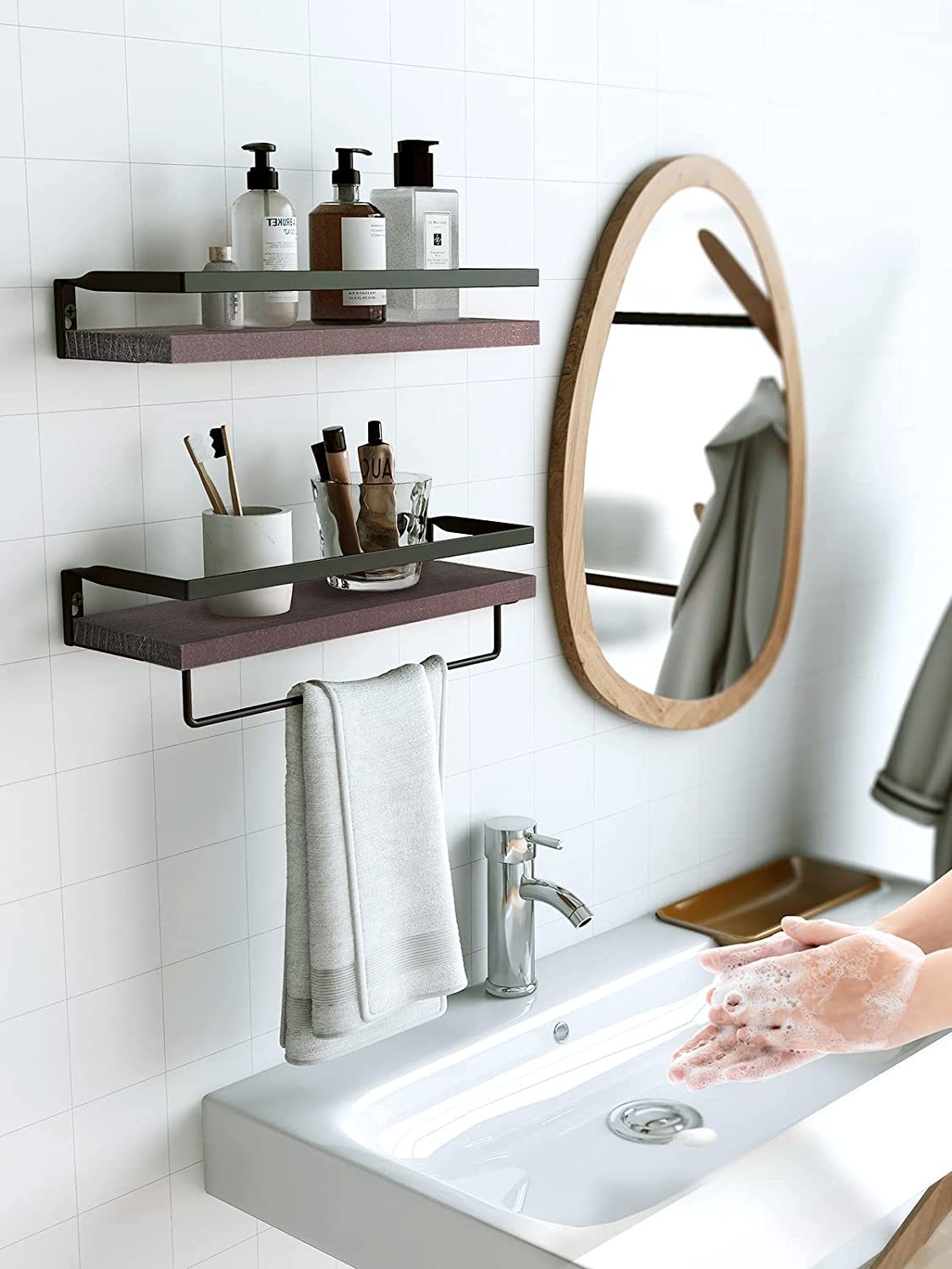 Floating bathroom shelf with towel rail wall shelf set of 2