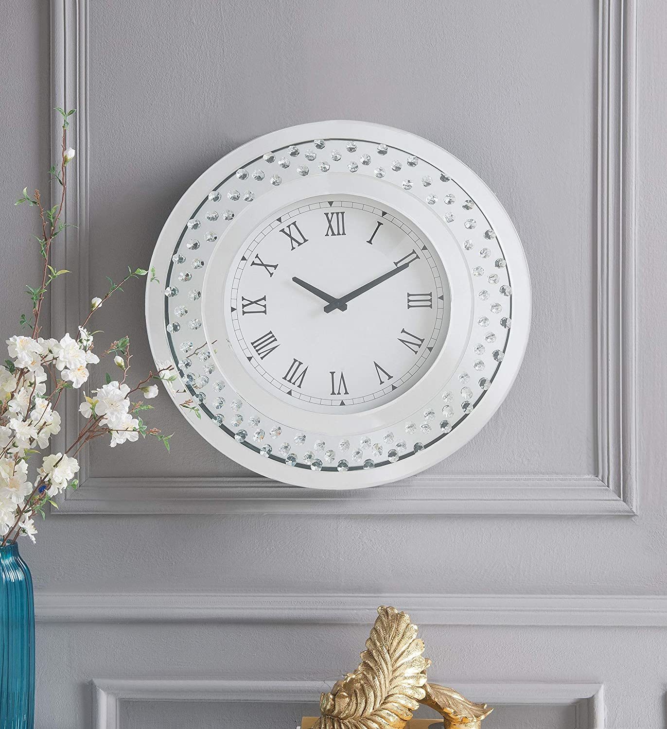 ACME Nysa Wall Clock in Mirrored &#x26; Faux Crystals