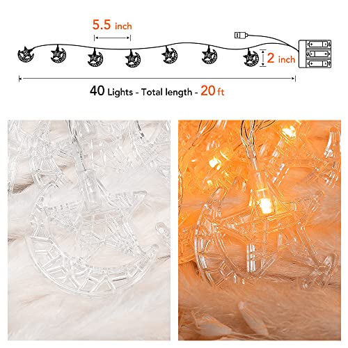 40 LED Moon and Star String Lights - 20ft USB and Battery Powered Fairy Lights for Indoor and Outdoor Decorations, Christmas, Bedroom, Party, Ramadan, Camping and Classroom