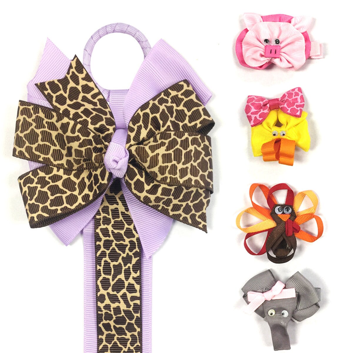 Wrapables Duck, Turkey, Elephant, Pig Ribbon Sculpture Hair Clips with Leopard Hair Clip / Hair Bow Holder, Purple