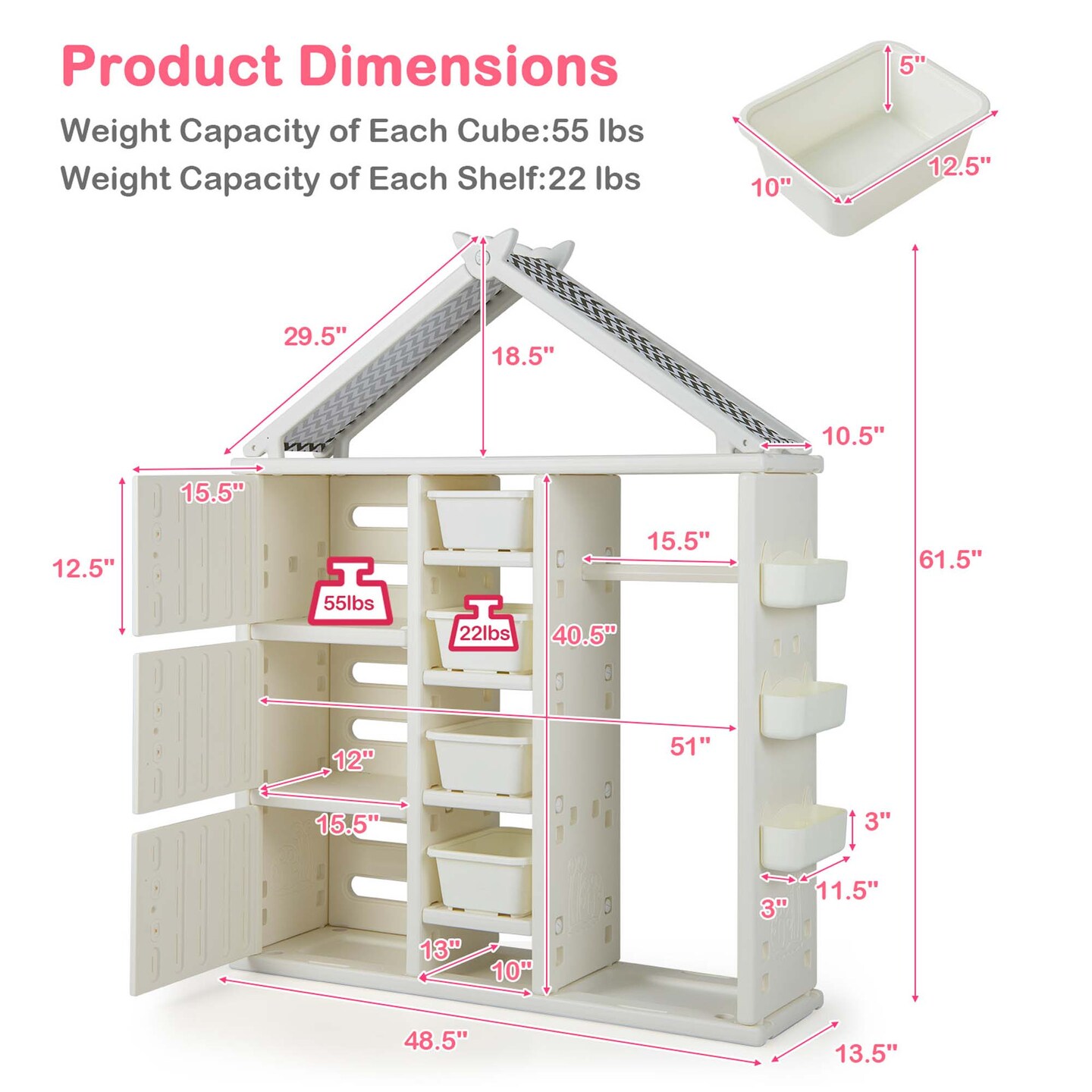 Costway Kids Costume Storage Closet Children Pretend Dresser with Storage Bins Shelves Grey/Pink/White