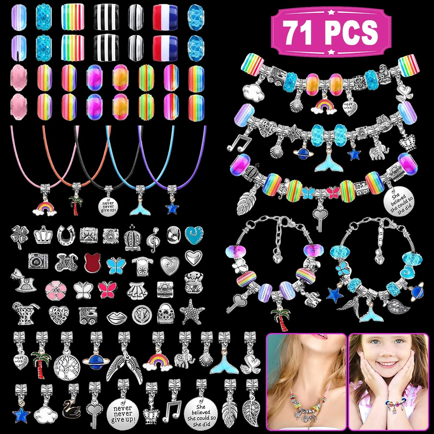 71 pcs Bracelet Making Kit Beads Jewelry Pendant Charm Set DIY Craft Girls Kids