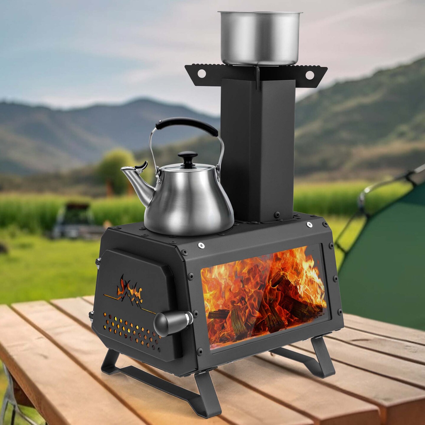 Costway Portable Wood Burning Stove Wood Camping Stove Heater with 2 Cooking Positions